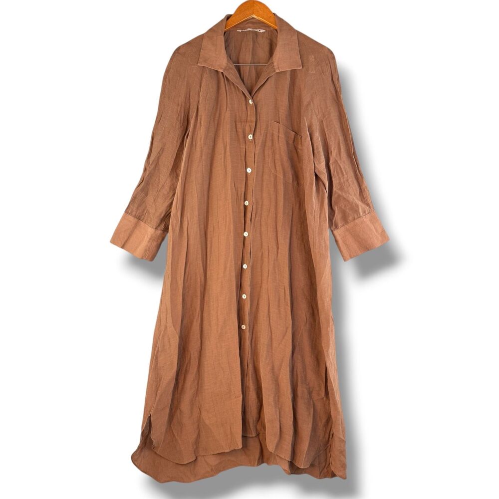 Zara Linen Shirt Midi Dress Relaxed Legalook Earthy Natural Minimalist Brown L - Picture 2 of 6